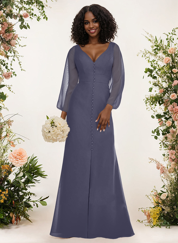 A-Line V-Neck Long Sleeves Chiffon Bridesmaid Dresses With Split Front