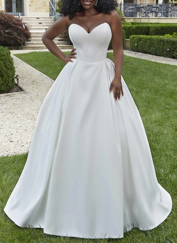 Plus Size Ball-Gown Sweetheart Sleeveless Court Train Satin Wedding Dresses in Ivory, US2