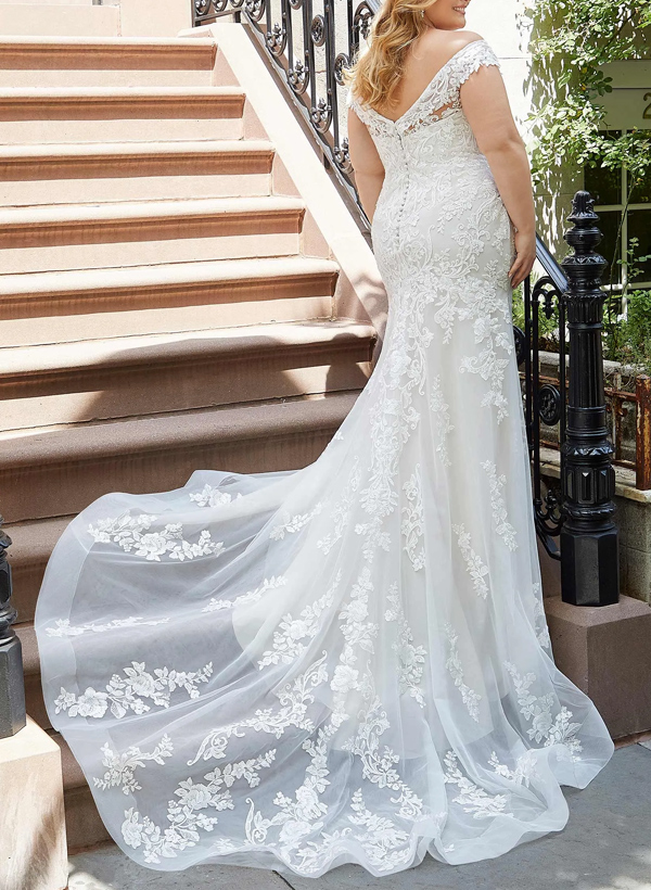 Plus Size Trumpet/Mermaid Off-The-Shoulder Tulle Wedding Dresses With Lace, product image 3