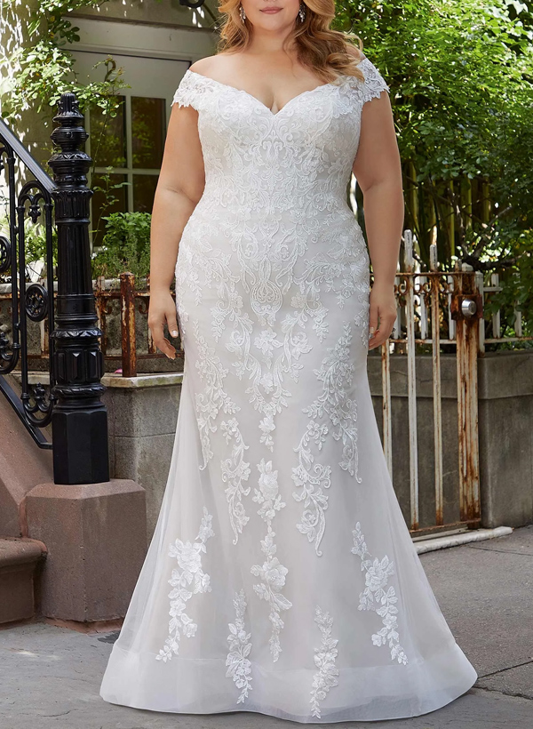 Plus Size Trumpet/Mermaid Off-The-Shoulder Tulle Wedding Dresses With Lace, product image 1