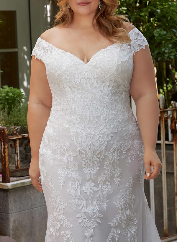 Plus Size Trumpet/Mermaid Off-The-Shoulder Tulle Wedding Dresses With Lace, product image 2