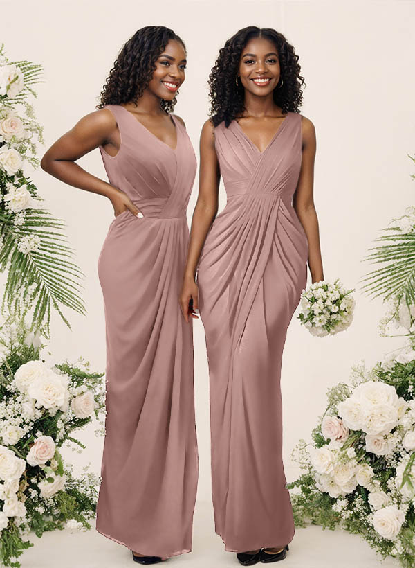 Sheath/Column V-Neck Sleeveless Floor-Length Chiffon Bridesmaid Dresses, product image 3