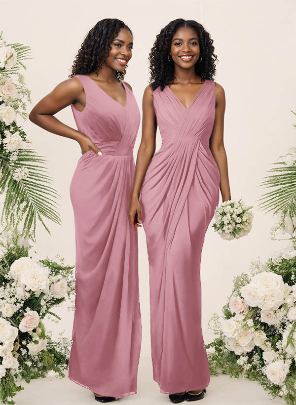 Sheath/Column V-Neck Sleeveless Floor-Length Chiffon Bridesmaid Dresses, product image 74