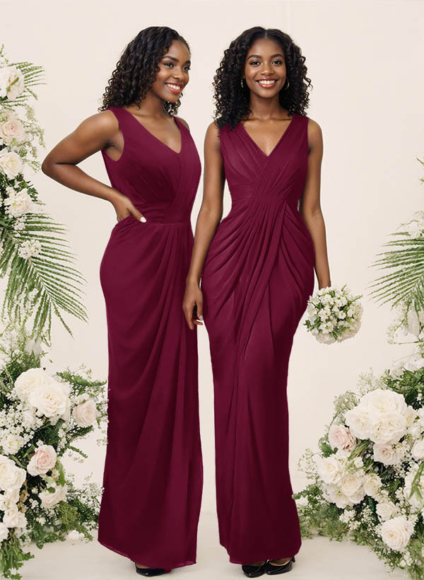 Sheath/Column V-Neck Sleeveless Floor-Length Chiffon Bridesmaid Dresses, product image 47