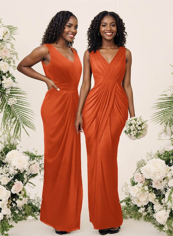 Sheath/Column V-Neck Sleeveless Floor-Length Chiffon Bridesmaid Dresses, product image 194