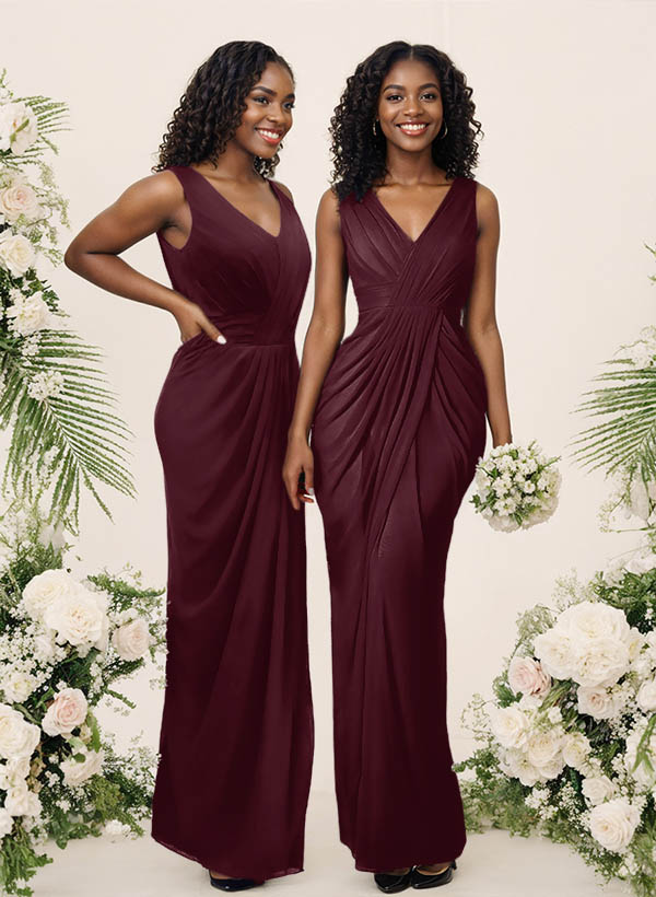 Sheath/Column V-Neck Sleeveless Floor-Length Chiffon Bridesmaid Dresses, product image 44
