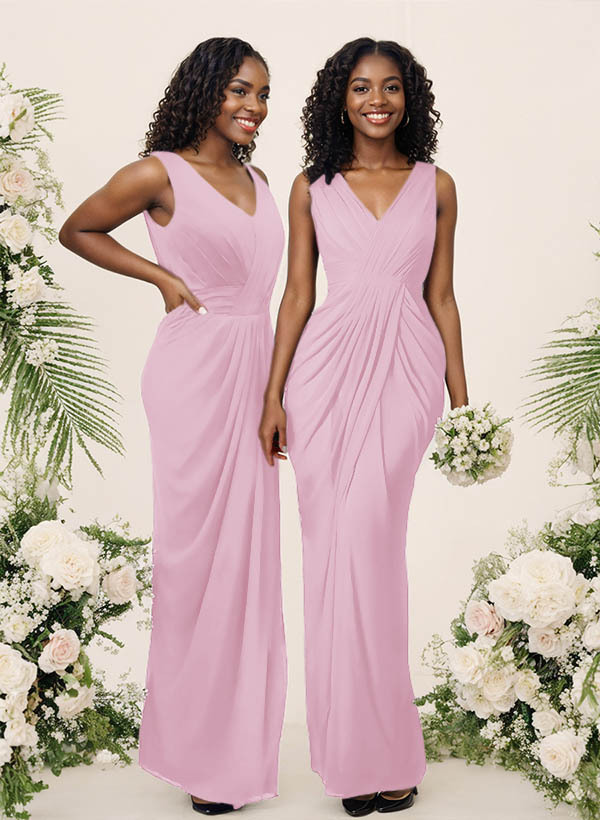 Sheath/Column V-Neck Sleeveless Floor-Length Chiffon Bridesmaid Dresses, product image 86