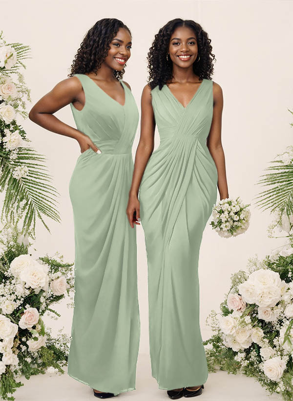 Sheath/Column V-Neck Sleeveless Floor-Length Chiffon Bridesmaid Dresses, product image 140