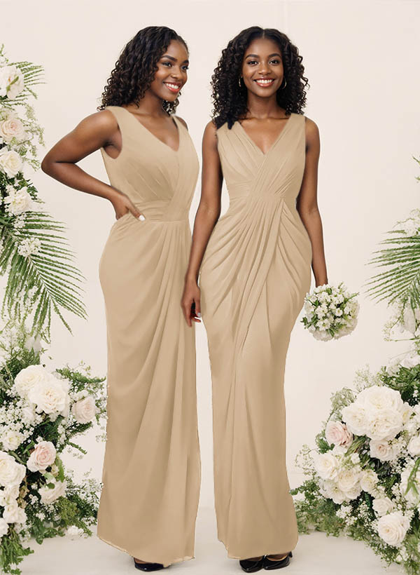 Sheath/Column V-Neck Sleeveless Floor-Length Chiffon Bridesmaid Dresses, product image 152