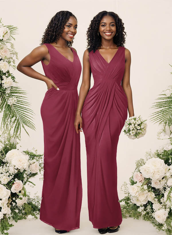 Sheath/Column V-Neck Sleeveless Floor-Length Chiffon Bridesmaid Dresses, product image 50