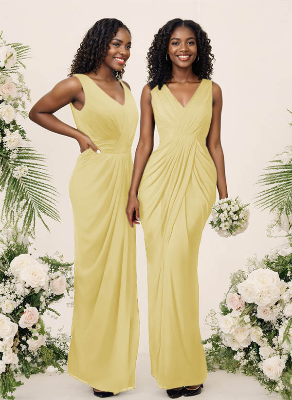 Sheath/Column V-Neck Sleeveless Floor-Length Chiffon Bridesmaid Dresses, product image 158