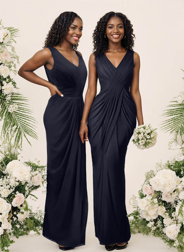 Sheath/Column V-Neck Sleeveless Floor-Length Chiffon Bridesmaid Dresses, product image 8