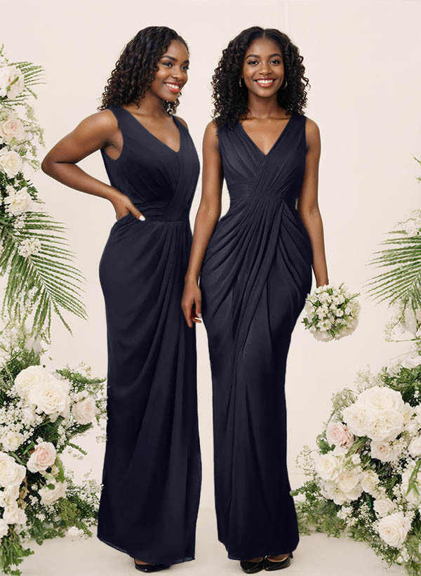 Sheath/Column V-Neck Sleeveless Floor-Length Chiffon Bridesmaid Dresses, product image 8