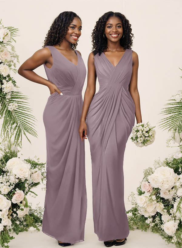 Sheath/Column V-Neck Sleeveless Floor-Length Chiffon Bridesmaid Dresses, product image 89