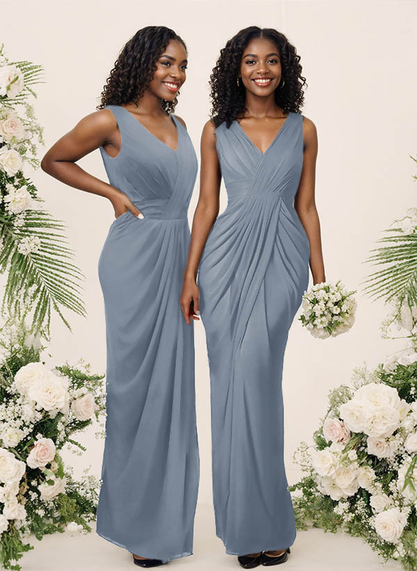 Sheath/Column V-Neck Sleeveless Floor-Length Chiffon Bridesmaid Dresses, product image 14