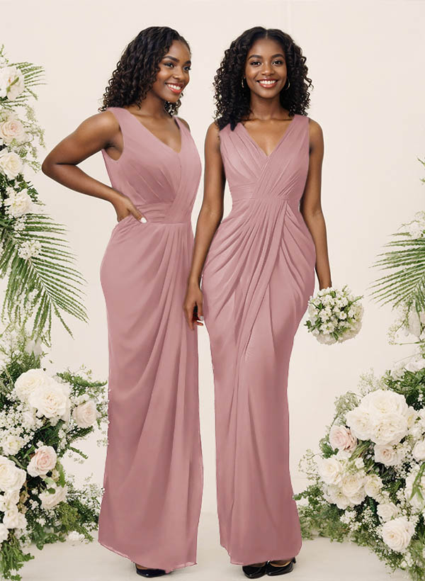Sheath/Column V-Neck Sleeveless Floor-Length Chiffon Bridesmaid Dresses, product image 65