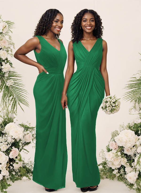 Sheath/Column V-Neck Sleeveless Floor-Length Chiffon Bridesmaid Dresses, product image 200