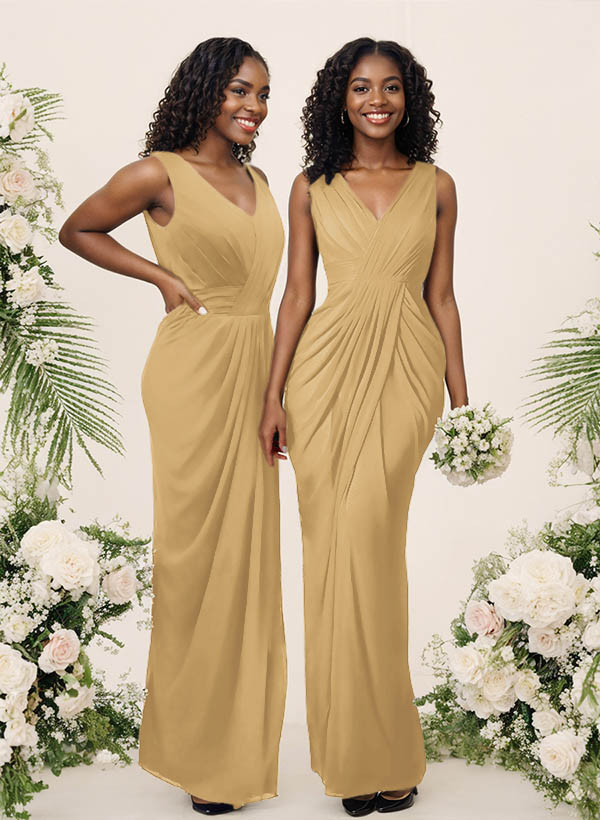 Sheath/Column V-Neck Sleeveless Floor-Length Chiffon Bridesmaid Dresses, product image 161