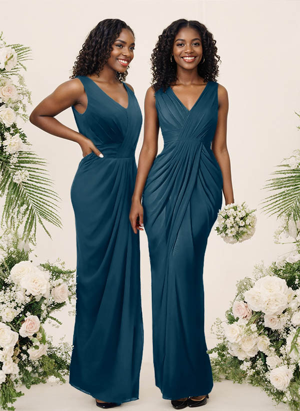 Sheath/Column V-Neck Sleeveless Floor-Length Chiffon Bridesmaid Dresses, product image 23
