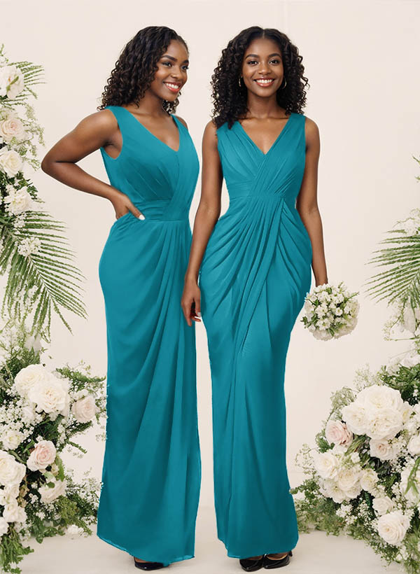 Sheath/Column V-Neck Sleeveless Floor-Length Chiffon Bridesmaid Dresses, product image 137