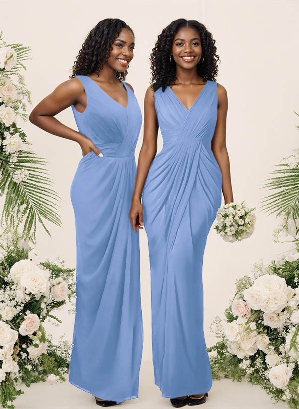Sheath/Column V-Neck Sleeveless Floor-Length Chiffon Bridesmaid Dresses, product image 35