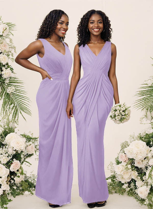 Sheath/Column V-Neck Sleeveless Floor-Length Chiffon Bridesmaid Dresses, product image 101
