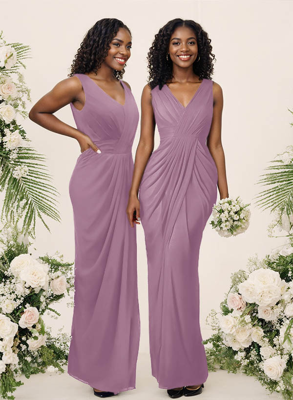 Sheath/Column V-Neck Sleeveless Floor-Length Chiffon Bridesmaid Dresses, product image 98