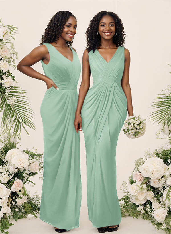 Sheath/Column V-Neck Sleeveless Floor-Length Chiffon Bridesmaid Dresses, product image 146
