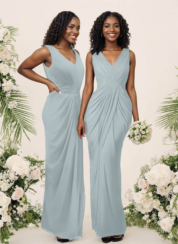 Sheath/Column V-Neck Sleeveless Floor-Length Chiffon Bridesmaid Dresses, product image 41