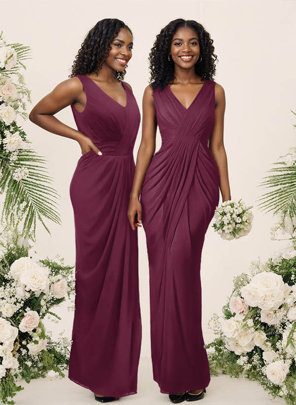 Sheath/Column V-Neck Sleeveless Floor-Length Chiffon Bridesmaid Dresses, product image 53