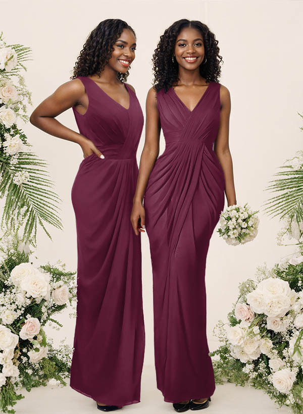 Sheath/Column V-Neck Sleeveless Floor-Length Chiffon Bridesmaid Dresses, product image 53
