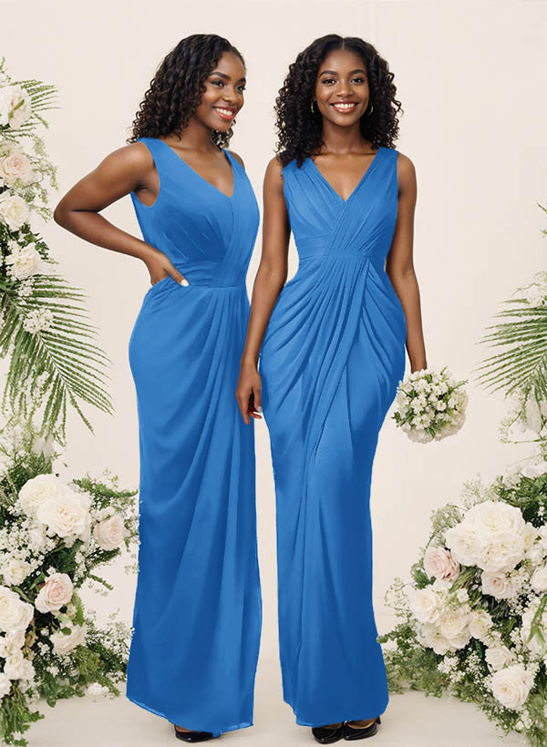 Sheath/Column V-Neck Sleeveless Floor-Length Chiffon Bridesmaid Dresses, product image 29