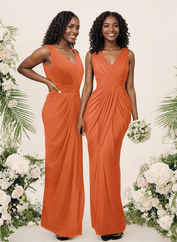 Sheath/Column V-Neck Sleeveless Floor-Length Chiffon Bridesmaid Dresses, product image 164