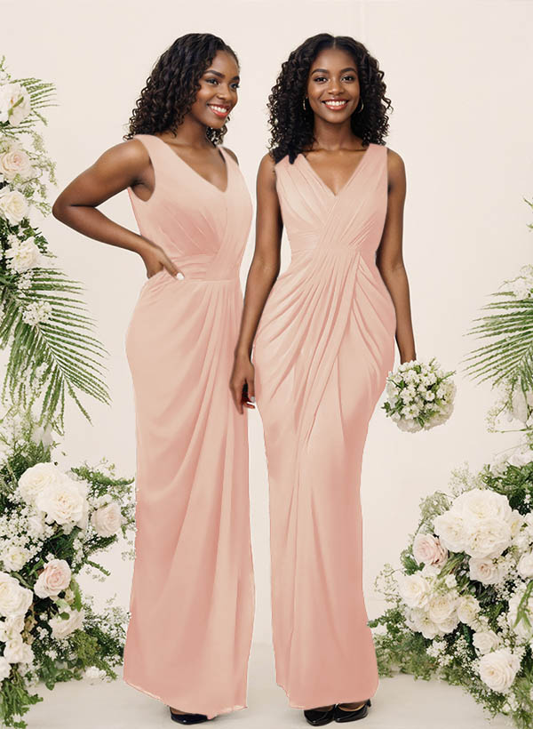 Sheath/Column V-Neck Sleeveless Floor-Length Chiffon Bridesmaid Dresses, product image 68