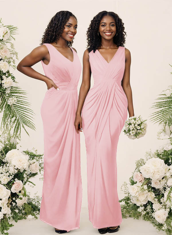 Sheath/Column V-Neck Sleeveless Floor-Length Chiffon Bridesmaid Dresses, product image 77