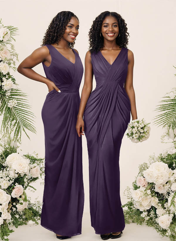 Sheath/Column V-Neck Sleeveless Floor-Length Chiffon Bridesmaid Dresses, product image 110