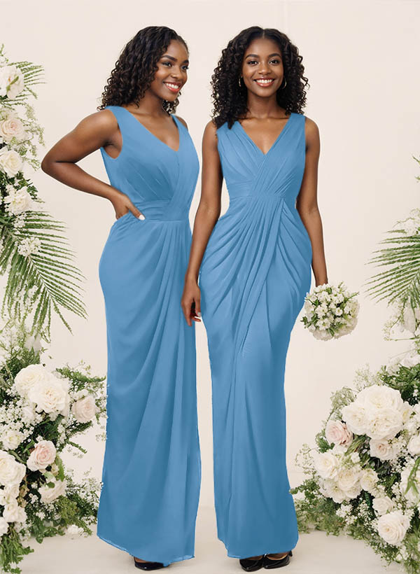 Sheath/Column V-Neck Sleeveless Floor-Length Chiffon Bridesmaid Dresses, product image 32