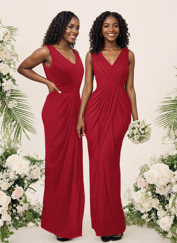 Sheath/Column V-Neck Sleeveless Floor-Length Chiffon Bridesmaid Dresses, product image 56