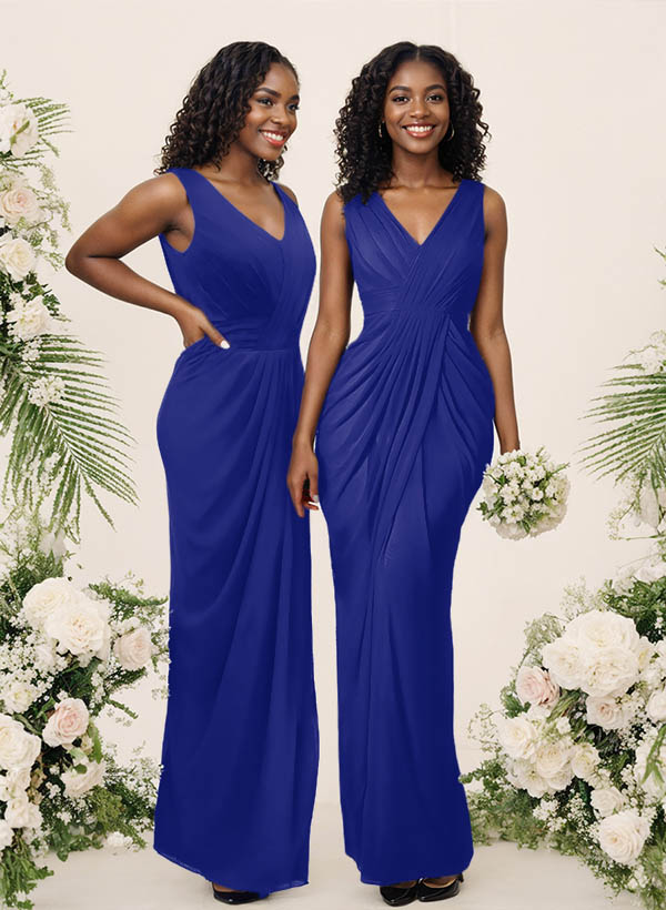 Sheath/Column V-Neck Sleeveless Floor-Length Chiffon Bridesmaid Dresses, product image 26
