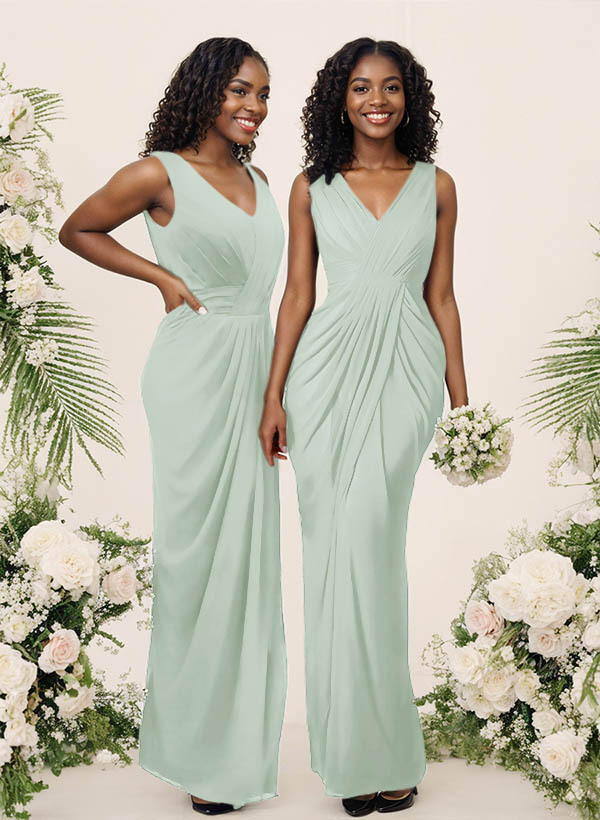 Sheath/Column V-Neck Sleeveless Floor-Length Chiffon Bridesmaid Dresses, product image 143