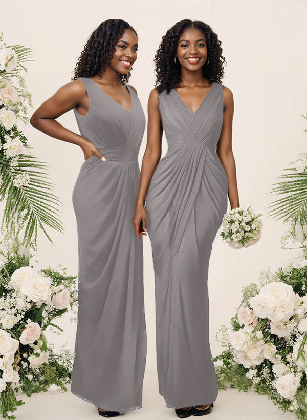 Sheath/Column V-Neck Sleeveless Floor-Length Chiffon Bridesmaid Dresses, product image 179