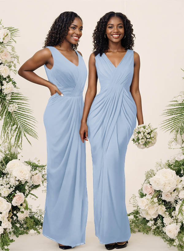 Sheath/Column V-Neck Sleeveless Floor-Length Chiffon Bridesmaid Dresses, product image 38