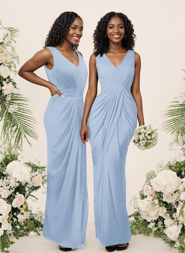 Sheath/Column V-Neck Sleeveless Floor-Length Chiffon Bridesmaid Dresses, product image 38