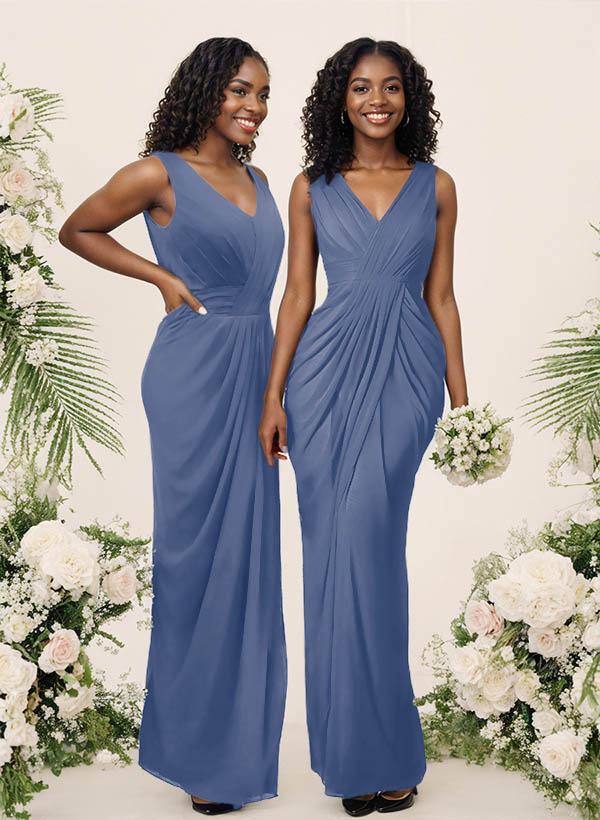 Sheath/Column V-Neck Sleeveless Floor-Length Chiffon Bridesmaid Dresses, product image 17