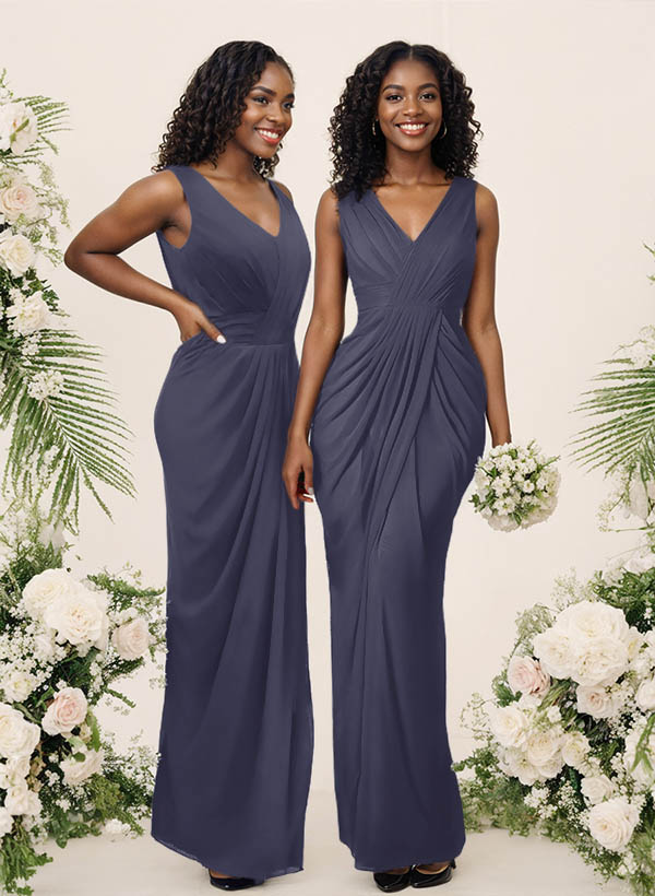 Sheath/Column V-Neck Sleeveless Floor-Length Chiffon Bridesmaid Dresses, product image 20