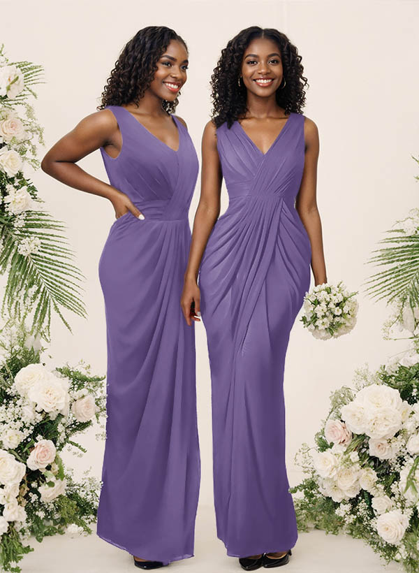 Sheath/Column V-Neck Sleeveless Floor-Length Chiffon Bridesmaid Dresses, product image 107
