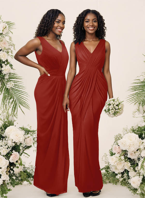Sheath/Column V-Neck Sleeveless Floor-Length Chiffon Bridesmaid Dresses, product image 59