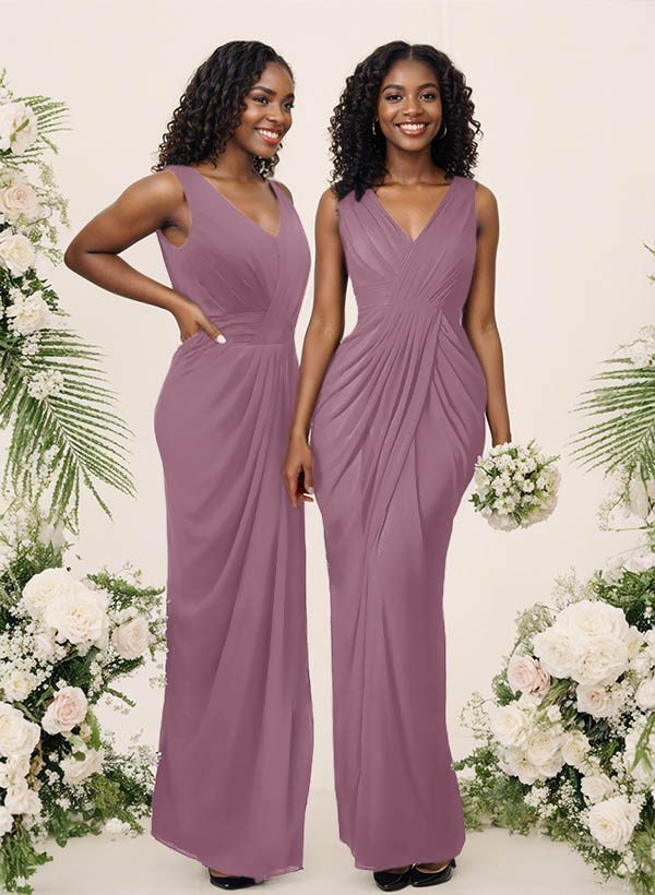 Sheath/Column V-Neck Sleeveless Floor-Length Chiffon Bridesmaid Dresses, product image 95