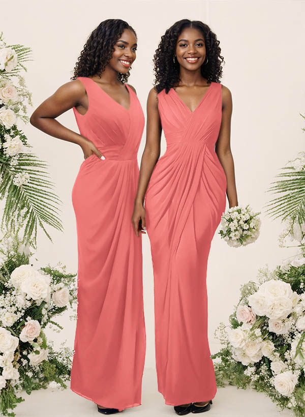 Sheath/Column V-Neck Sleeveless Floor-Length Chiffon Bridesmaid Dresses, product image 62