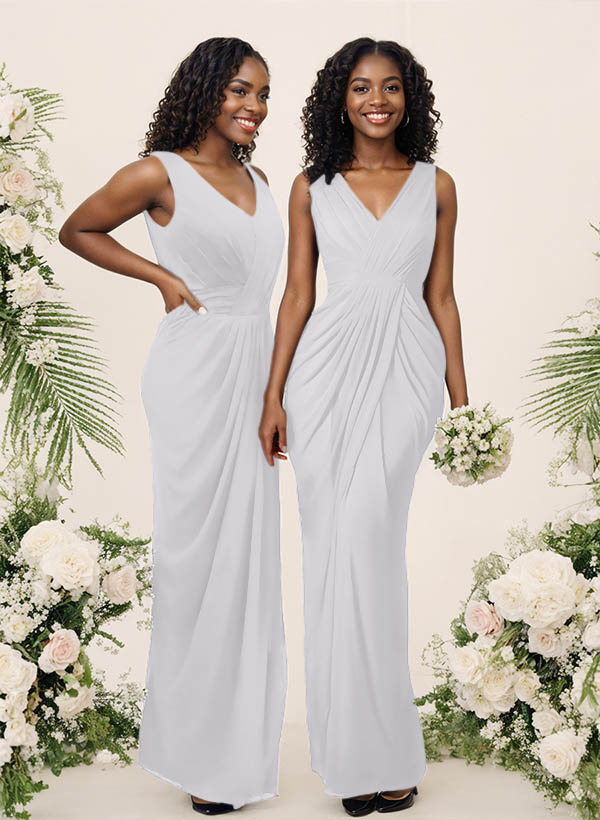 Sheath/Column V-Neck Sleeveless Floor-Length Chiffon Bridesmaid Dresses, product image 176